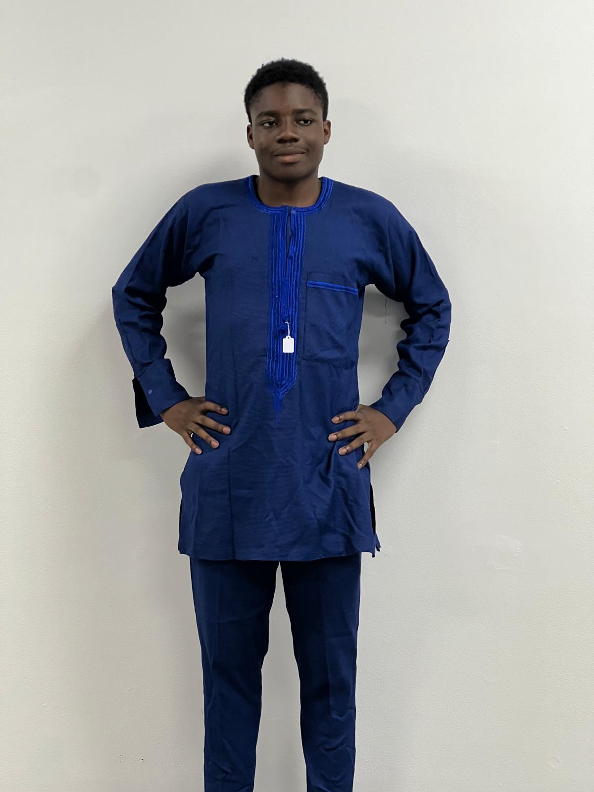 Blue African Men's Set: Long Sleeve Top and Matching Pants
