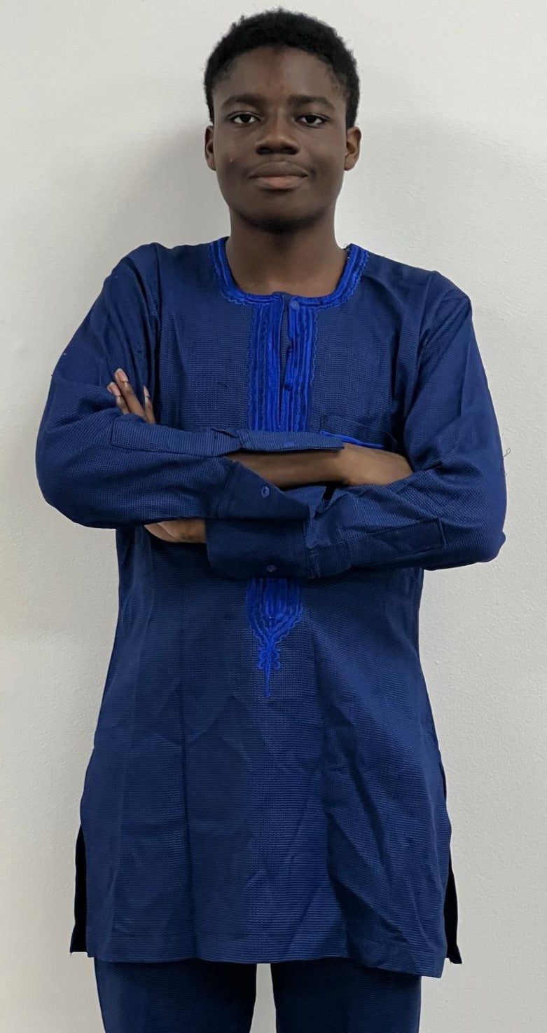 Blue African Men's Set: Long Sleeve Top and Matching Pants