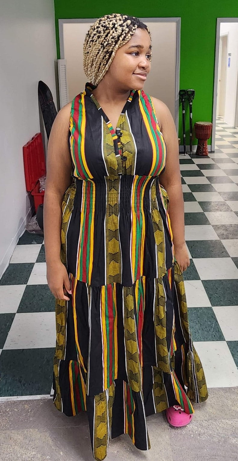 Black, Yellow Striped Sleeveless Maxi Dress