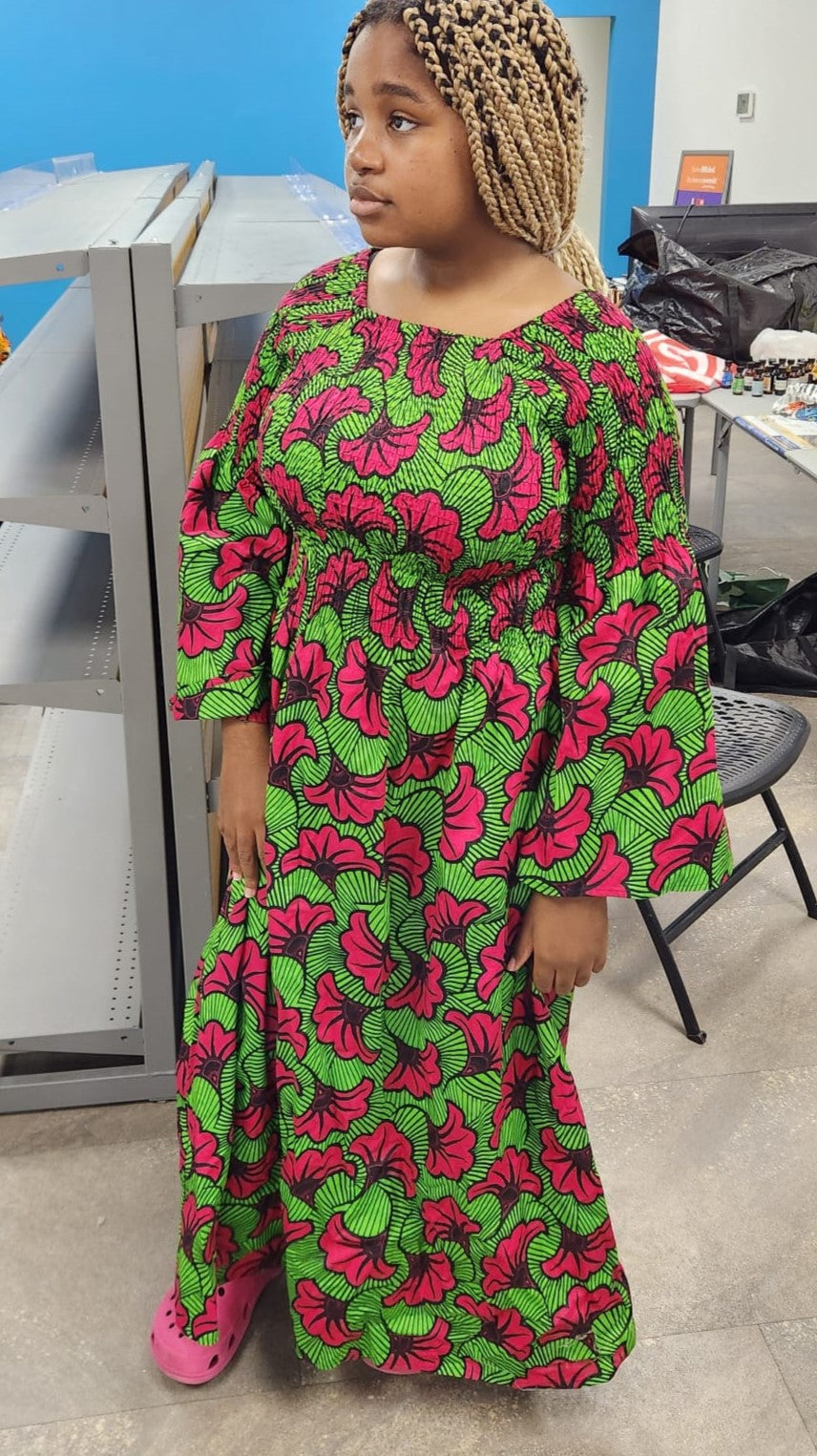 Green, Red Pattern Long Sleeve Maxi Dress