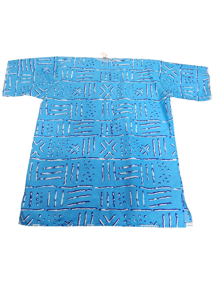 Sky Blue Men's African Shirt Sleeve Shirt with White Patterns