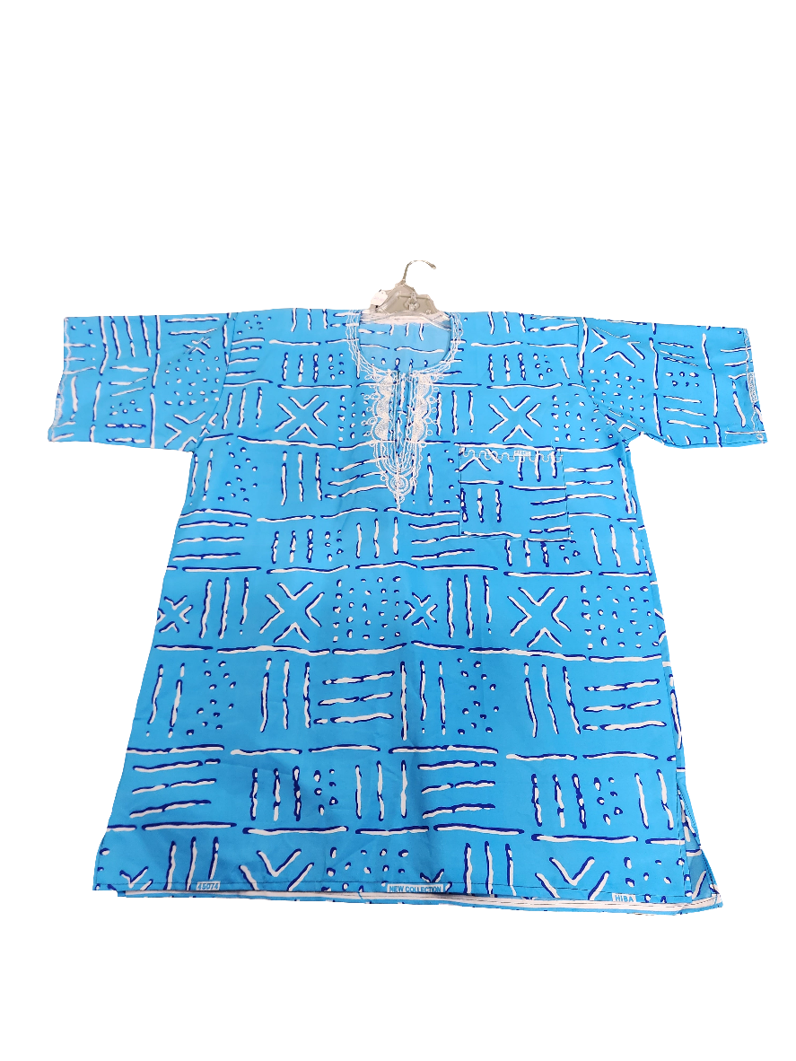 Sky Blue Men's African Shirt Sleeve Shirt with White Patterns